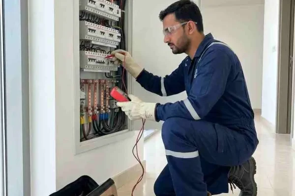 Electrical technician inspecting a distribution board during maintenance in Dubai