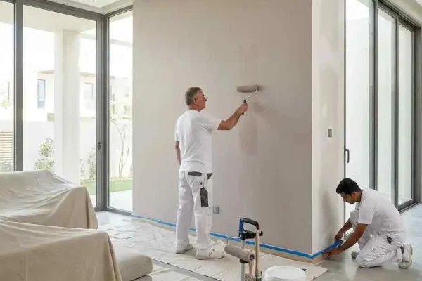 Professional painter applying fresh wall paint inside a Dubai villa