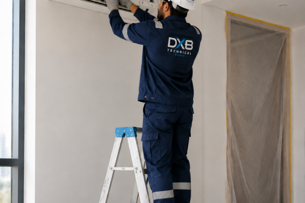 An Expert from Dubai Technical Works Team Repairing an AC by Standing on a Ladder the Best AC repair and technical Service provider in dubai and UAE